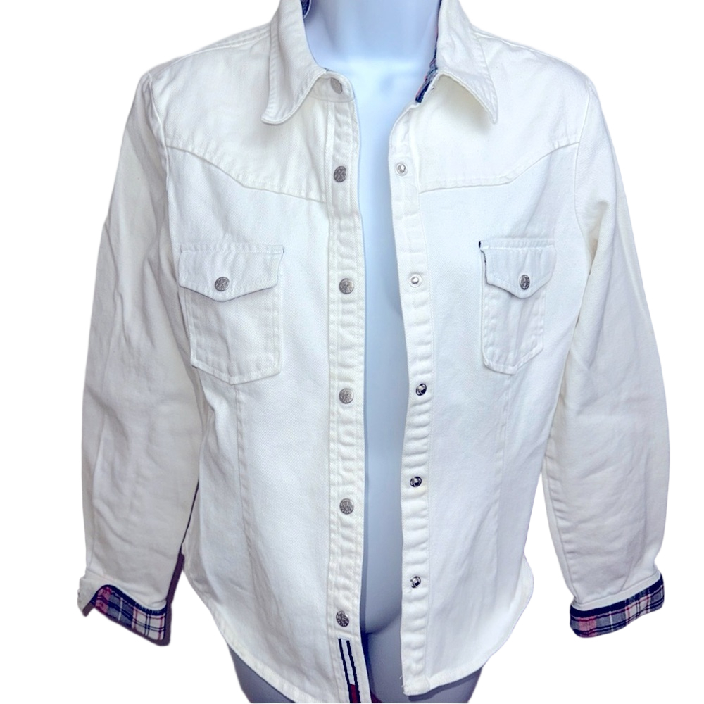 Tommy Hilfiger White Denim Shirt Jacket Plaid Trim Large